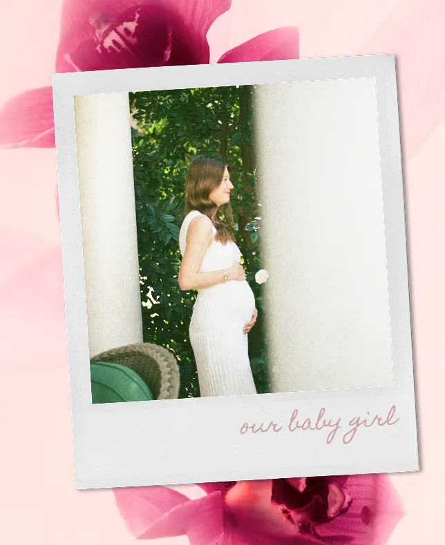 A polaroid photo of a pregnant woman outdoors, overlaid on a pink floral background.