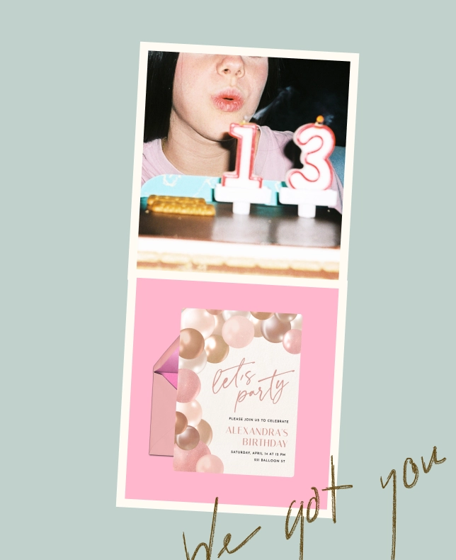 A photo of a teen blowing out birthday candles, collaged with a pink balloon birthday invitation.