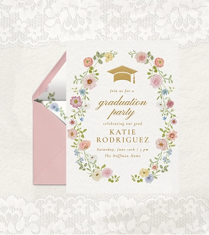 A white graduation party invitation with a pastel floral wreath border and a gold glitter mortarboard illustration.