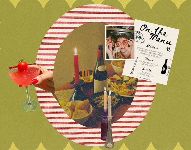 A candlelit dinner table spread collaged with a cocktail, a photo of friends goofing around, and a handwritten party menu, on a green floral background.
