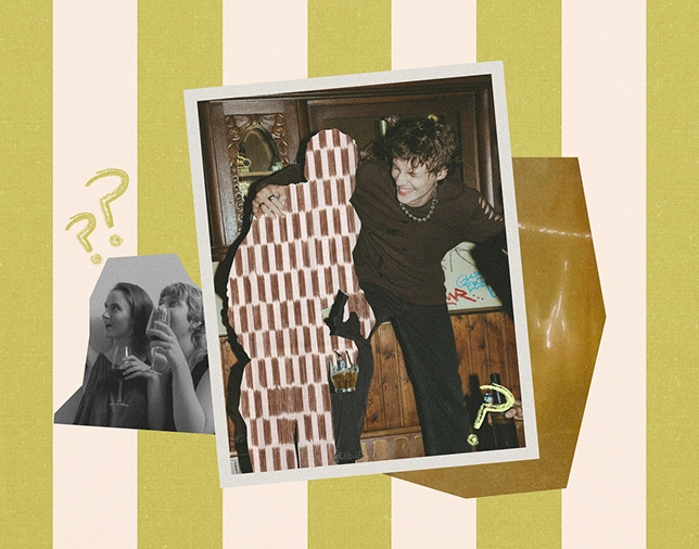 A party photo collaged with a patterned silhouette cutout and a black-and-white photo of two women toasting, on a striped background.
