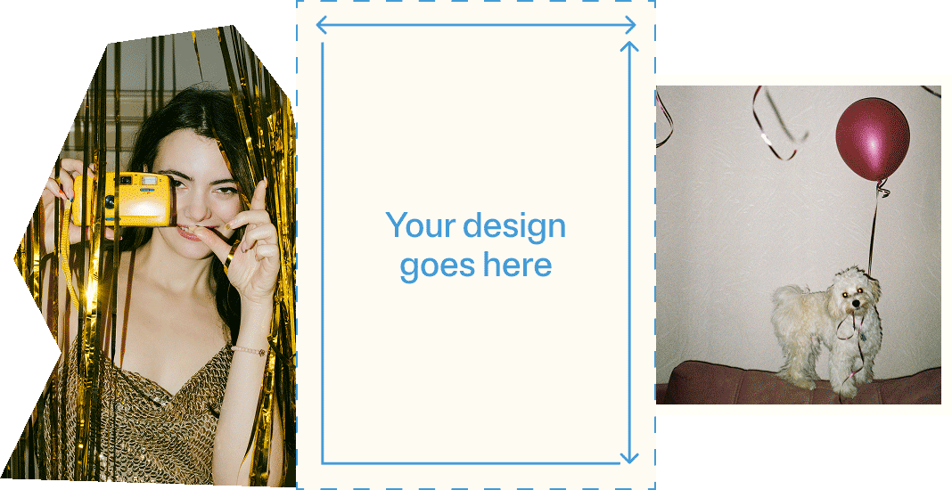Evite's upload-your-own-design product with a blank invitation placeholder and two candid photos of partygoers.

