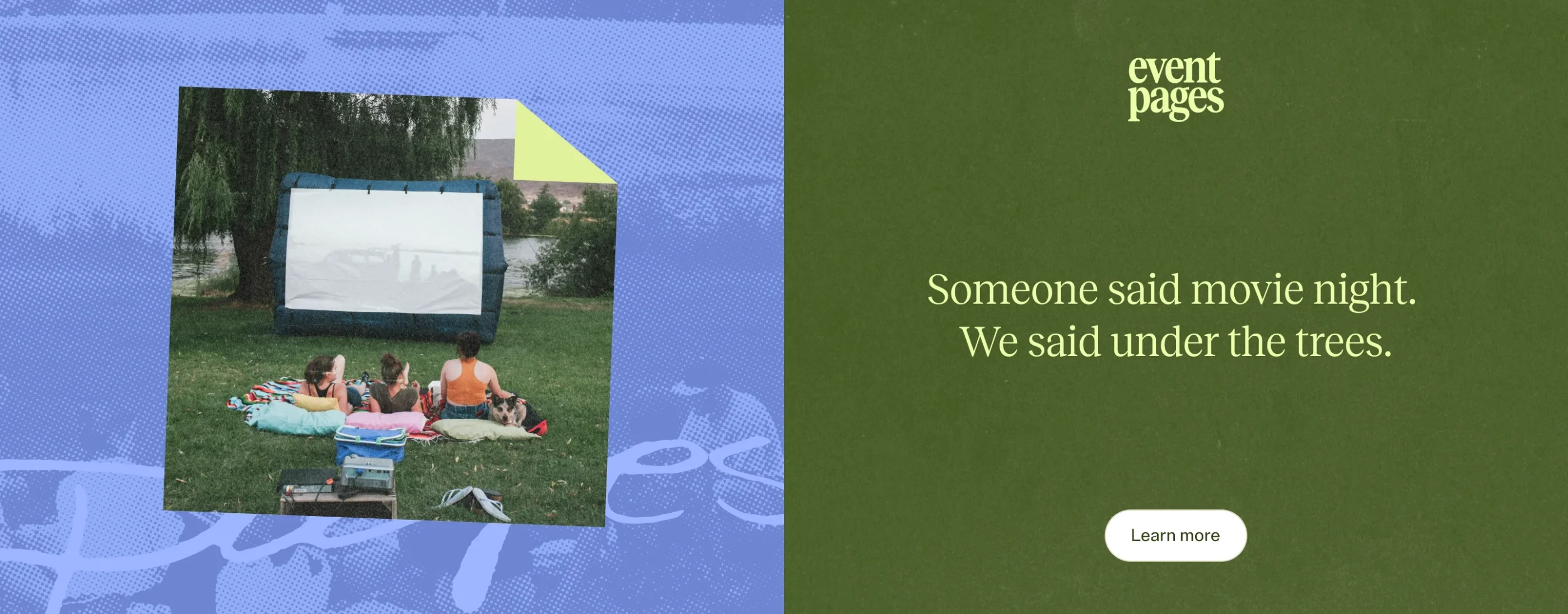 Three people and a dog watch an outdoor movie on a screen set up under trees by a lake.