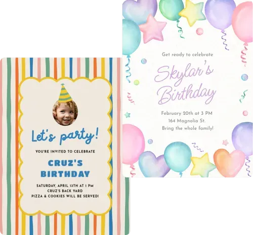Two colorful birthday invites: one with colorful stripes, one with balloons.