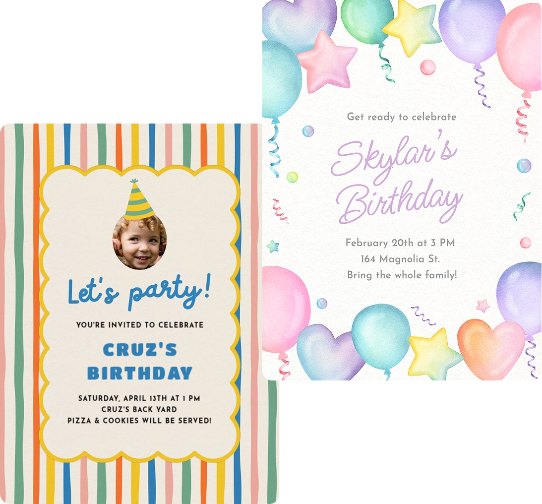 Two colorful birthday invites: one with colorful stripes, one with balloons.