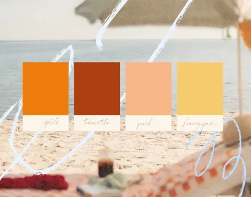 Four color swatches labeled persimmon, sea haze, vermillion, and citronelle over a beach background.