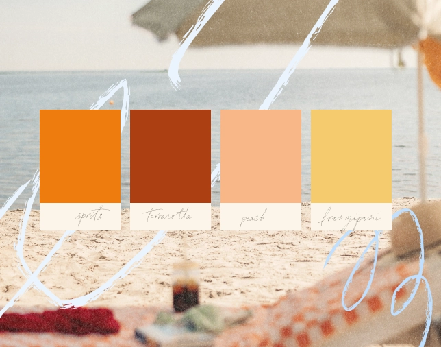 Four color swatches labeled persimmon, sea haze, vermillion, and citronelle over a beach background.