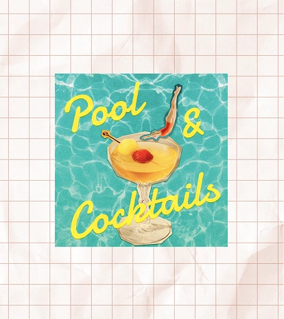 A pool party event page image with a retro collage-style illustration of a diver leaping into a cocktail glass, with the headline "Pool & Cocktails."