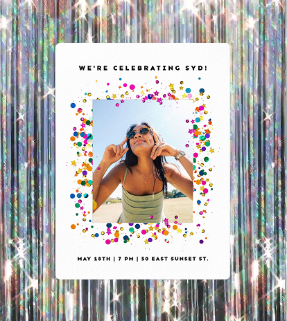 A photo invitation where a photo of a young woman in sunglasses is surrounded by colorful metallic stars and sequins.
