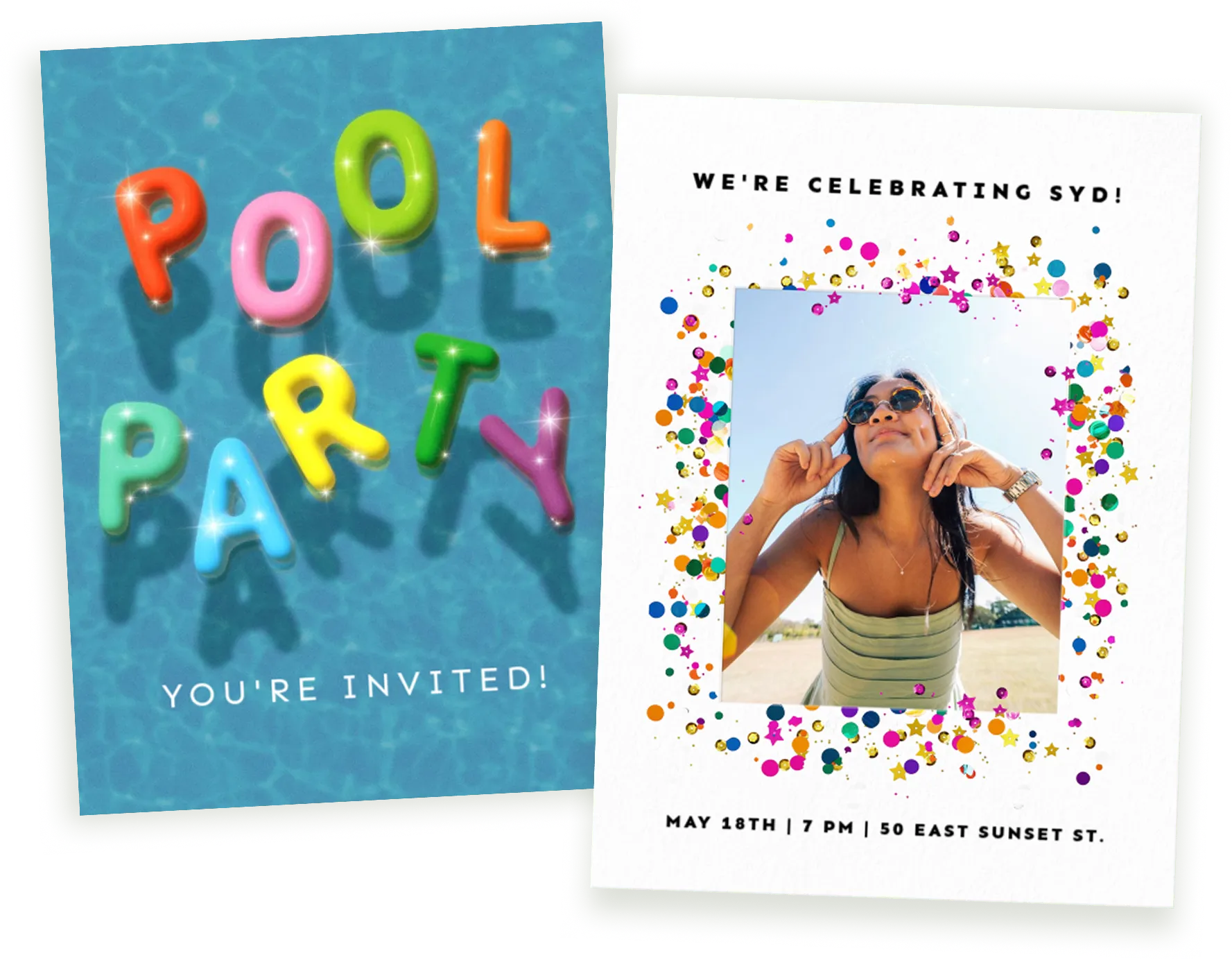Two invitation cards: colorful pool party balloons on water and photo of woman wearing sunglasses with confetti.