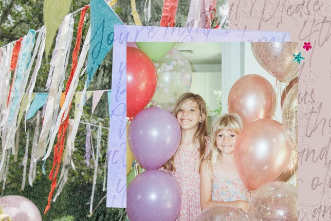A photo of two girls smiling among colorful balloons at a birthday party, with outdoor pennant bunting and handwritten invitation text layered in the background.