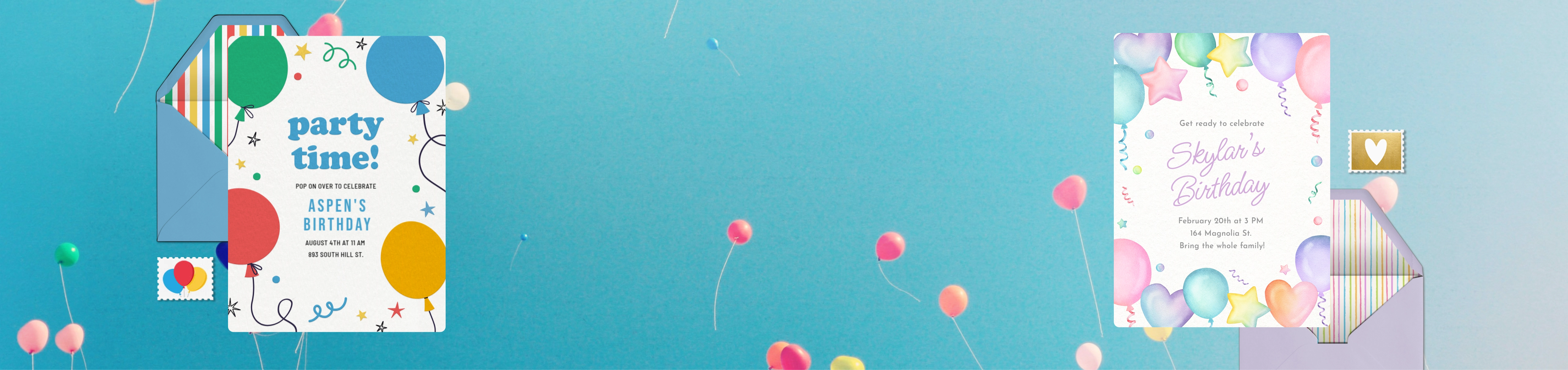 A photo of colorful balloons floating against a blue sky. Two kids' birthday invitations are overlaid in the corner.