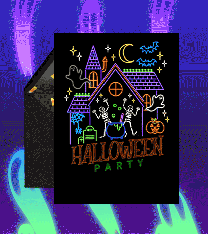 A Halloween party invitation with a neon outlined house surrounded by lighted neon bats, ghosts, skeletons, and pumpkins.