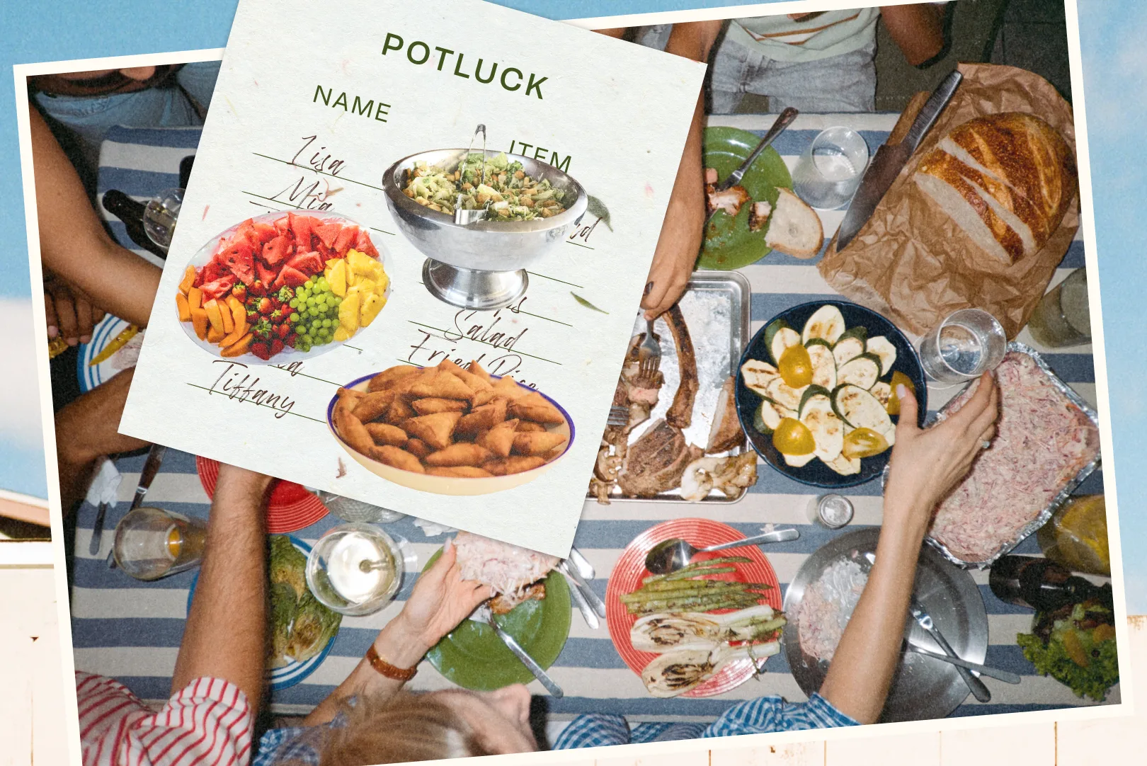 A photo of a potluck table with many food dishes on it, with a paper potluck signup sheet collaged on top.