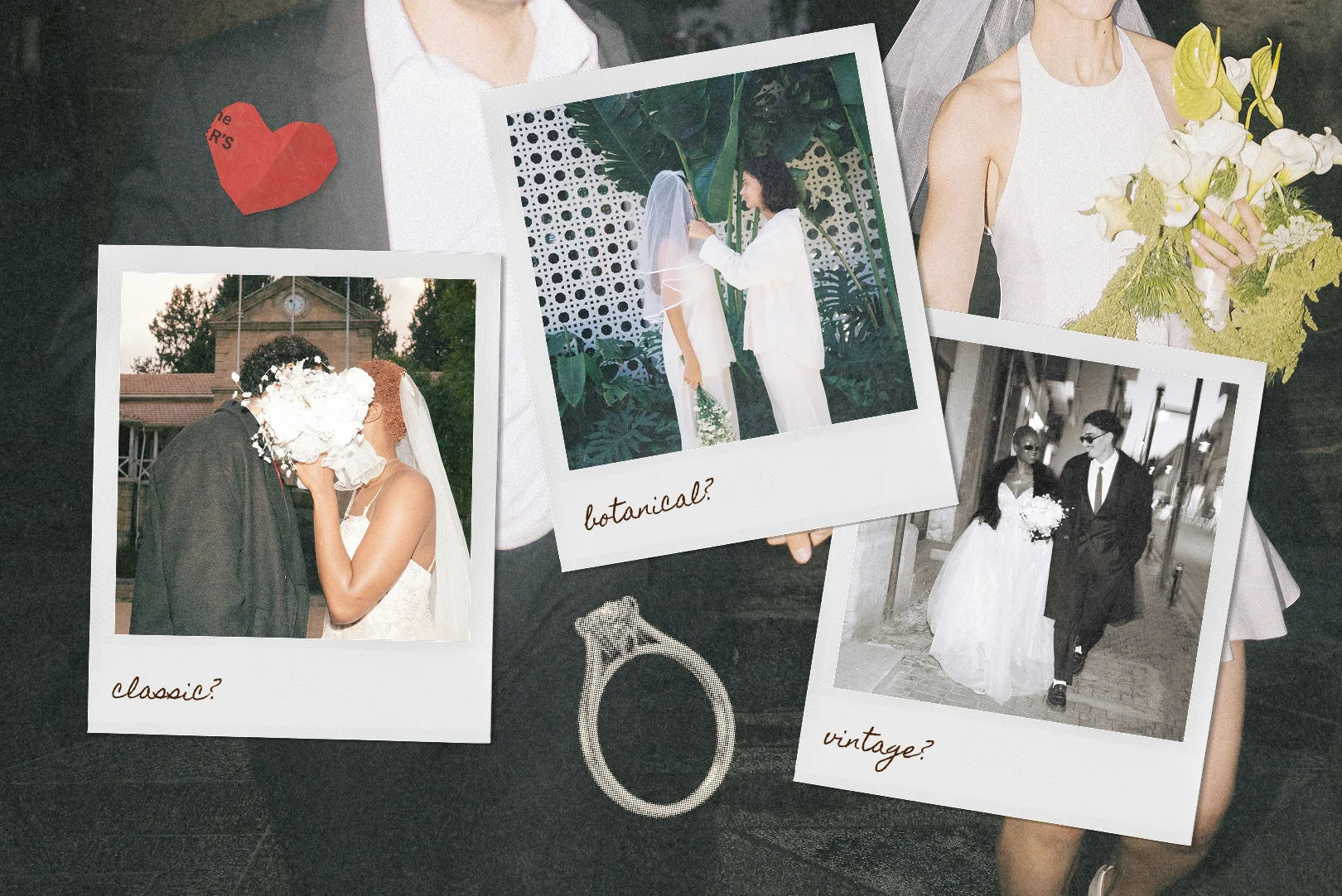A wedding collage with three polaroid photos of couples in classic, botanical, and vintage styles, layered over a background image of a bride and groom.
