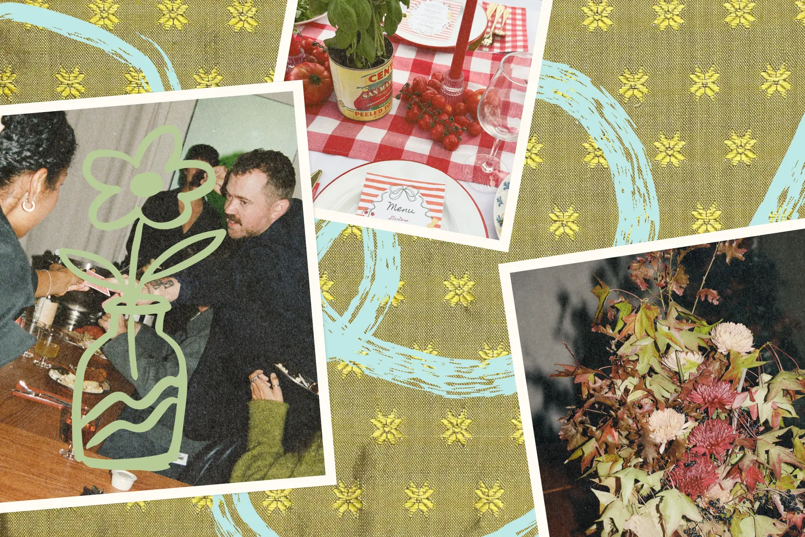 A dinner party collage with photos of guests at a table, a red-checkered table setting, and an autumn floral arrangement, layered over a patterned fabric background.
