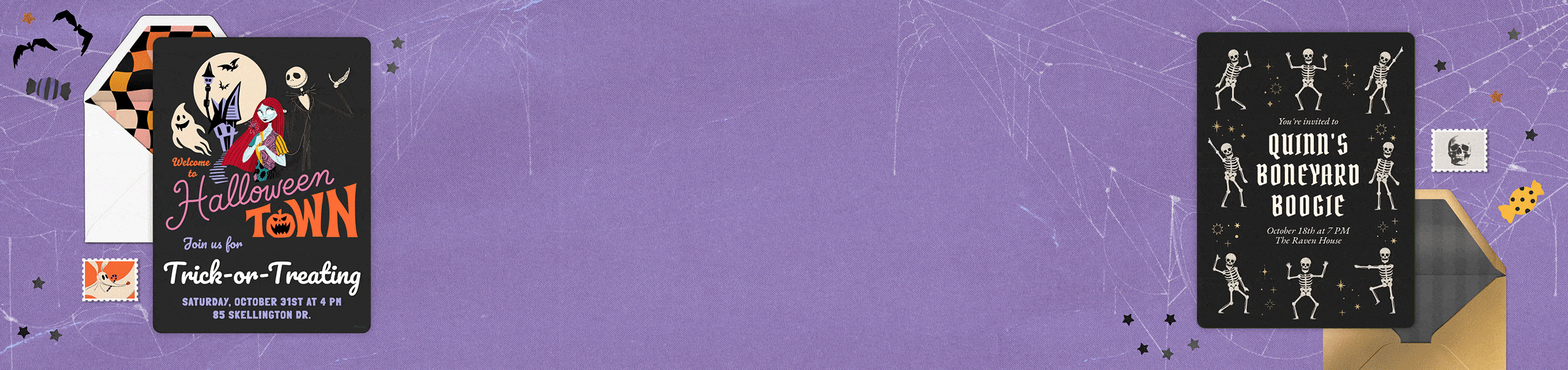 Two Halloween party invitations, one with dancing skeletons and one with characters from The Nightmare Before Christmas, on a purple background with spiderwebs.