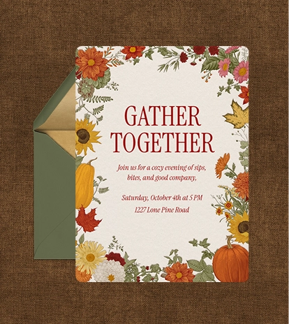 An invitation with autumnal leaves, florals, and squash forming a border around the copy "Gather Together" and event details.