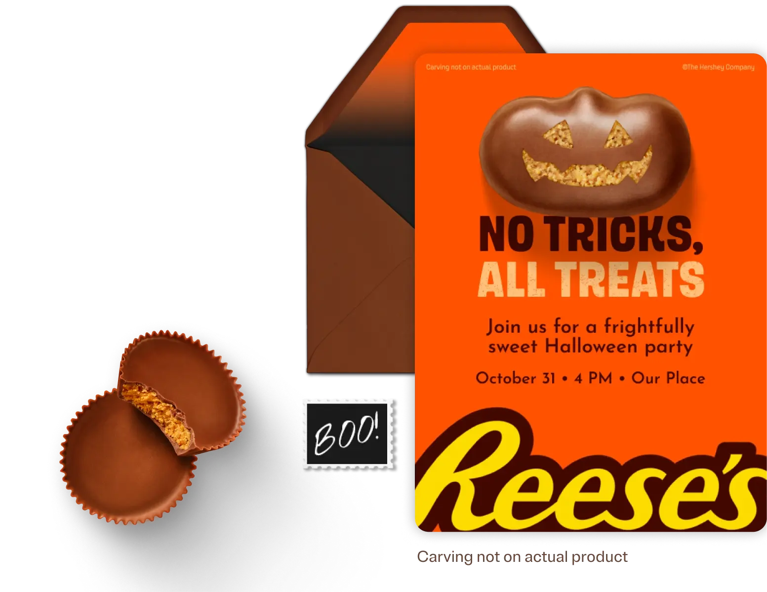 An invitation featuring a Reese's pumpkin, 2 Reese's peanut butter cups, and a haunted house invitation on the other side with candy corn.