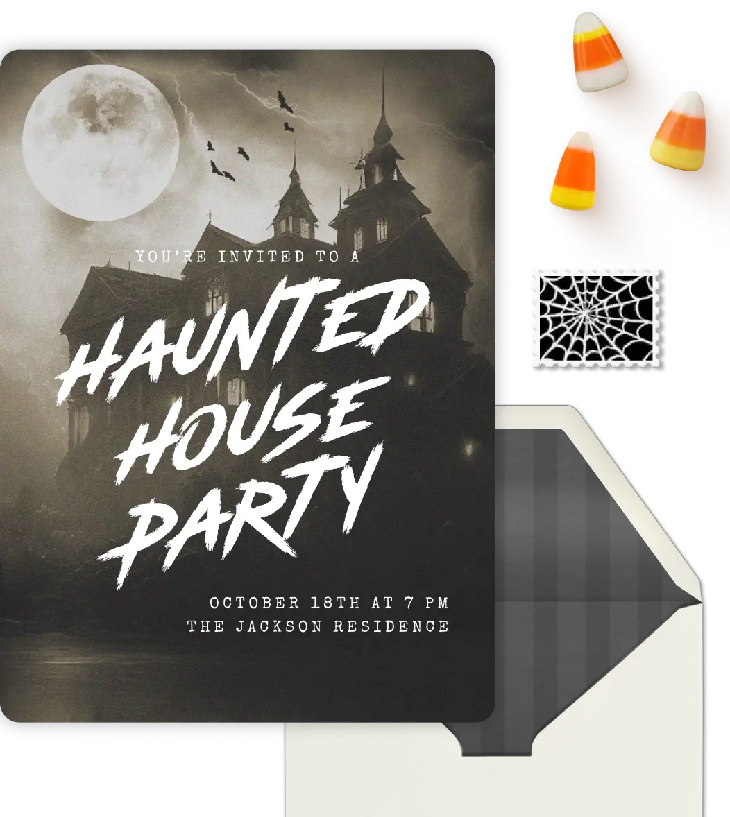 An invitation featuring a Reese's pumpkin, 2 Reese's peanut butter cups, and a haunted house invitation on the other side with candy corn.