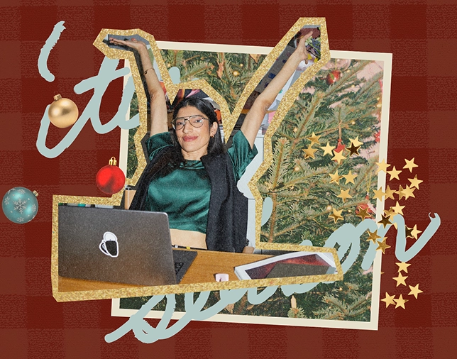 A holiday collage with a photo of a woman cheering at her desk beside a Christmas tree, overlaid with “’tis the season” script and ornaments.