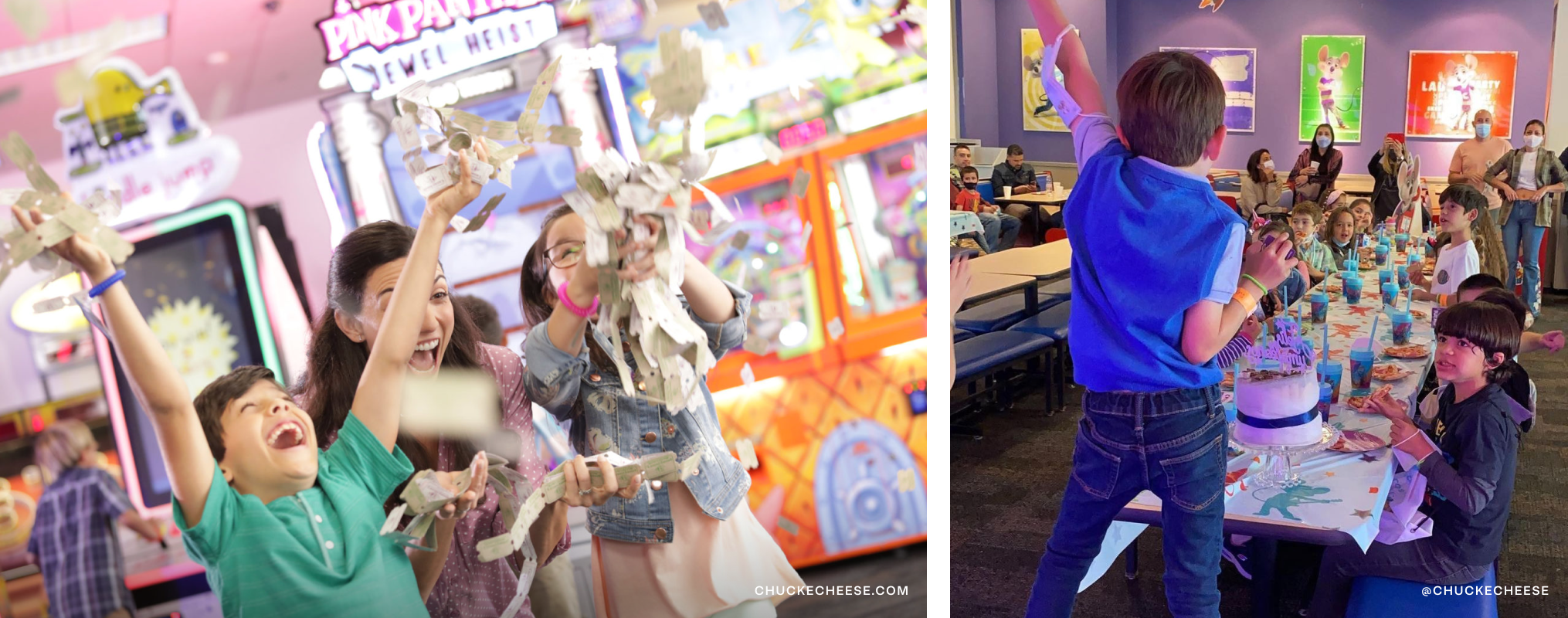 On left, kids throwing tickets in the air. On right, a table of kids eating pizza and cake.