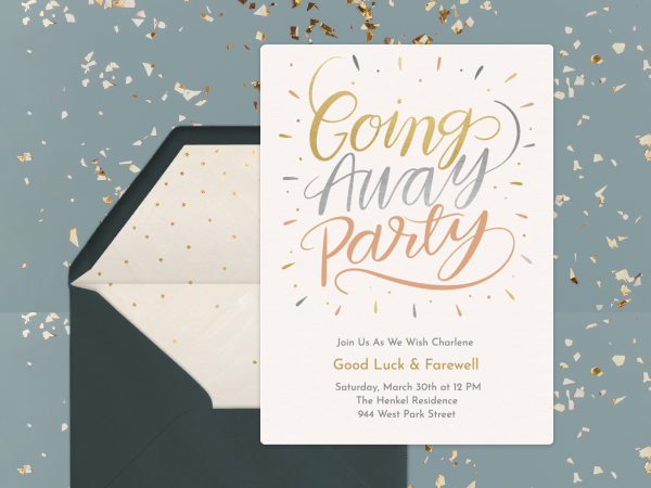 Invitation with "Going away party" written on it in metallic tones.