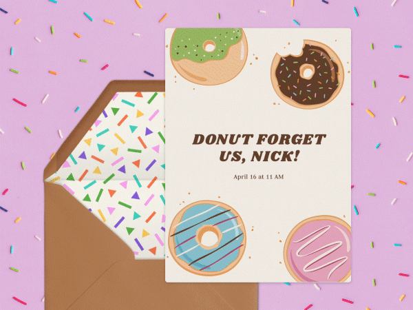 Animated invitation featuring donuts with "Donut forget us, Nick!" written on it.