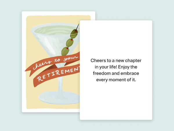 Image of a retirement card featuring "Cheers to your retirement" written on it over a martini.