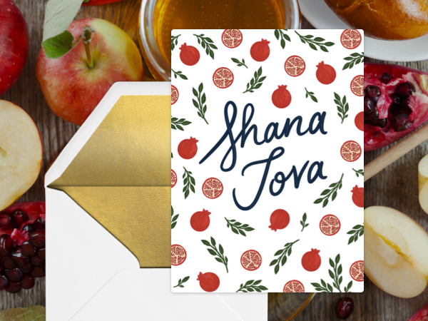 A Rosh Hashanah card featuring pomegranates.