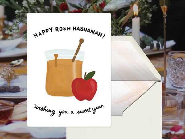 A Rosh Hashanah card featuring an apple and a jar of honey.