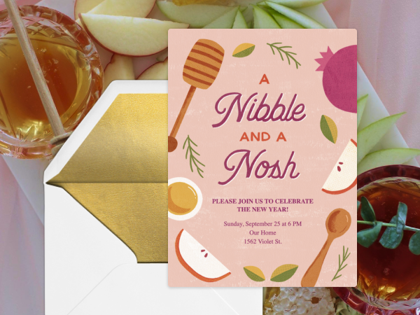 A Rosh Hashanah invitation featuring apples, pomegranates, and honey.