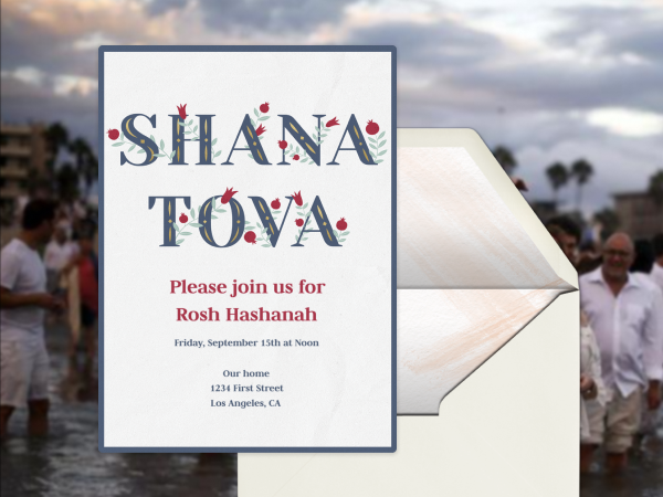 A Rosh Hashanah invitation with bold typography that says "Shana tova."