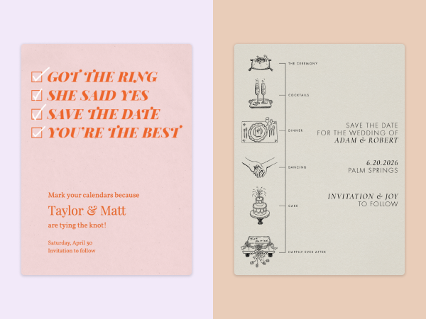 Two examples of modern save the dates.