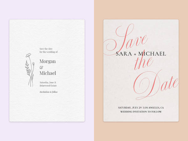 Two examples of minimalist save the dates.