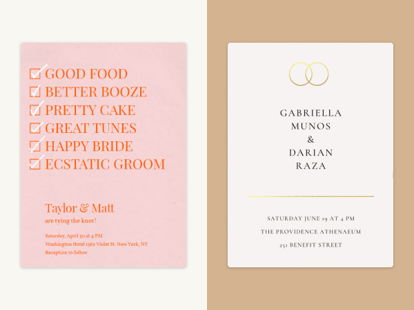 Two modern wedding invitations, one featuring funny, sassy wording and the other featuring a minimalist pair of rings.