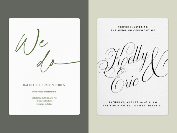 Two minimalist wedding invitations featuring bold typography.