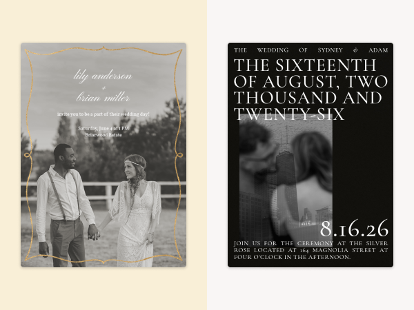 Two wedding invitations featuring photos of the couple.