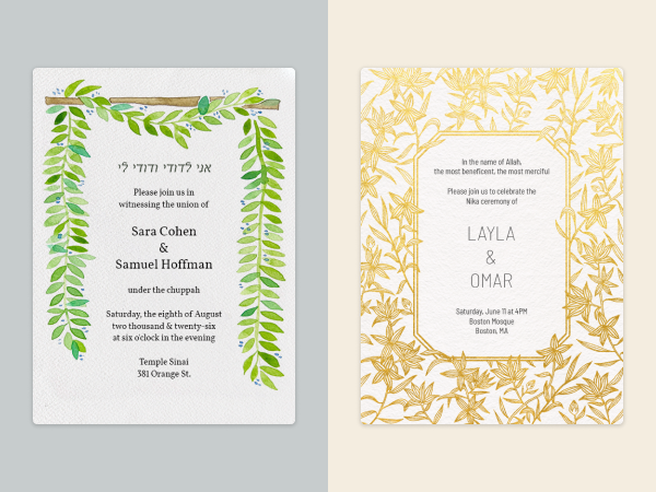 Two wedding invitations, one for a Jewish wedding ceremony and one for a Muslim wedding ceremony.