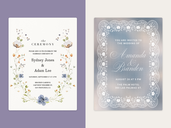 Two classic wedding invitations, one featuring a floral motif and the other an ethereal doily design.