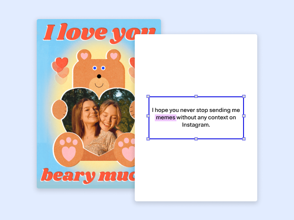 A Valentine's Day card featuring a bear saying I love you beary much while holding a heart with a photo of two people in it.