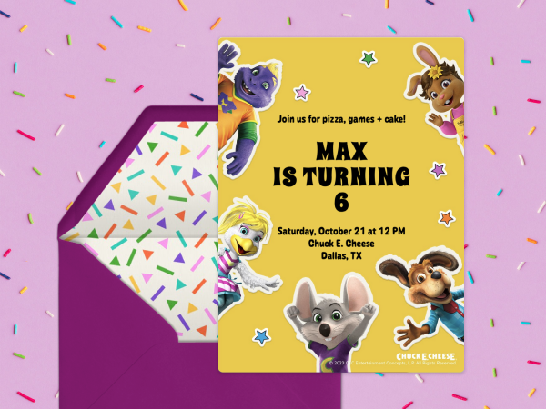 A Chuck E. Cheese invitation featuring their characters against a backdrop of rainbow sprinkles.