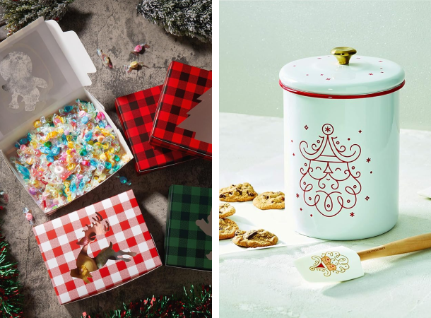 Festive cookie gift boxes and a cookie jar with Santa on it.