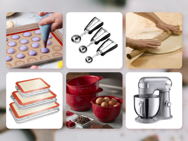 A collage of various baking tools and supplies.