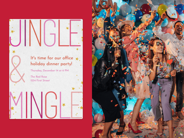 Holiday invitation next to people partying.