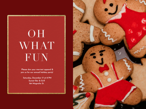Holiday invitation next to gingerbread cookies.