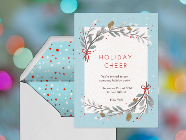 Holiday invitation with lights in background.