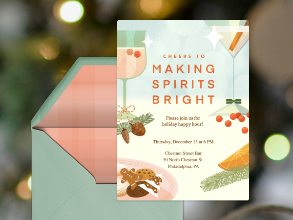 Holiday invitation with wine glasses on it.