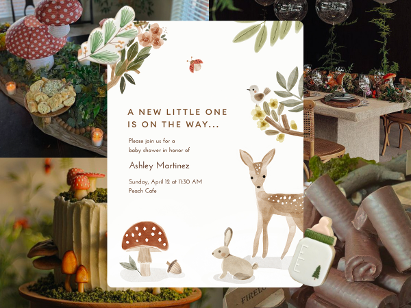 A collage of woodland creature baby shower decor and a matching invitation.