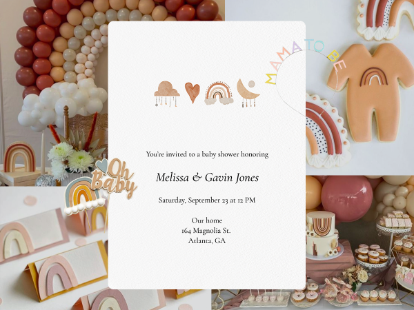 Collage of rainbow baby shower decor and matching invitation.